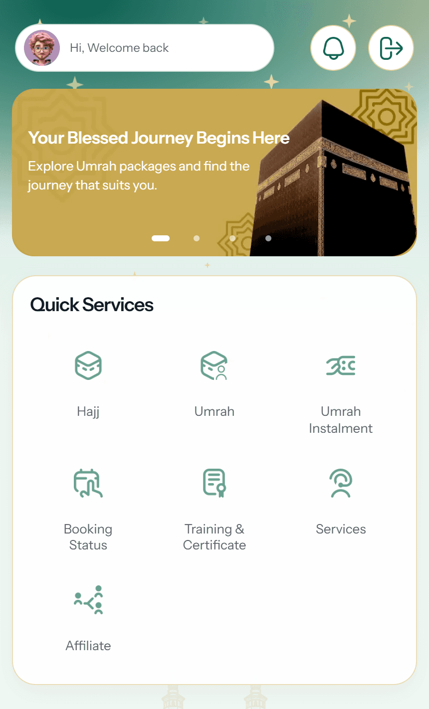 The Road2Haramain app home screen showing the journey banner and Quick Services